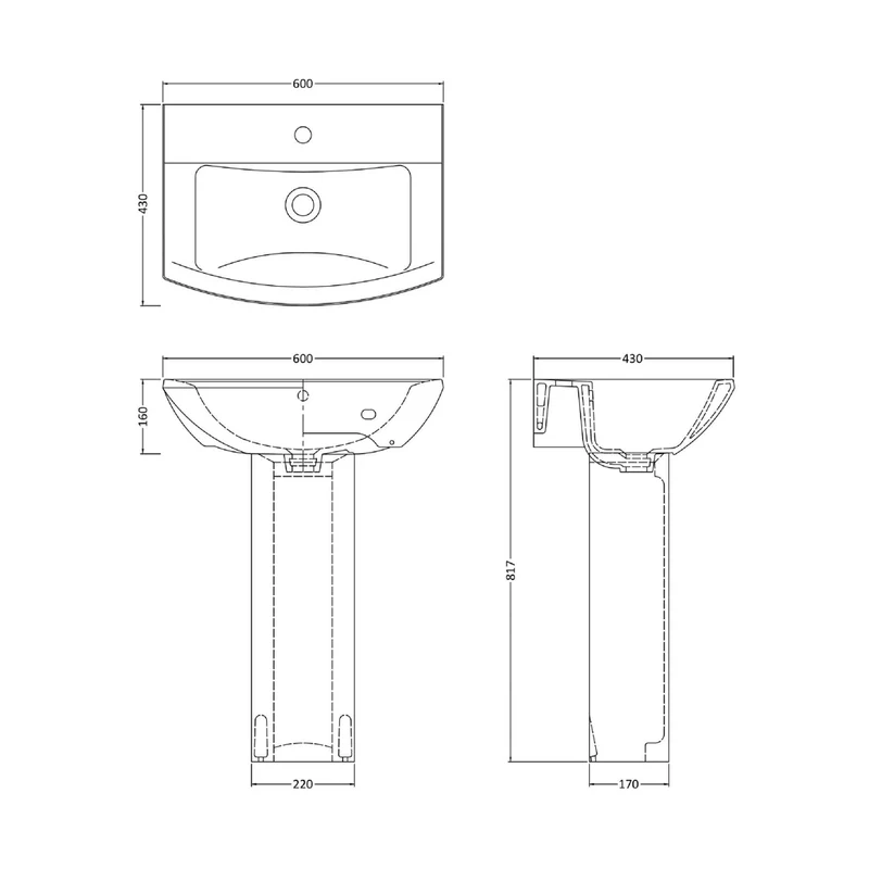 Nuie Asselby 600mm Basin & Pedestal Contemporary White Vitreous China 817x600x430mm