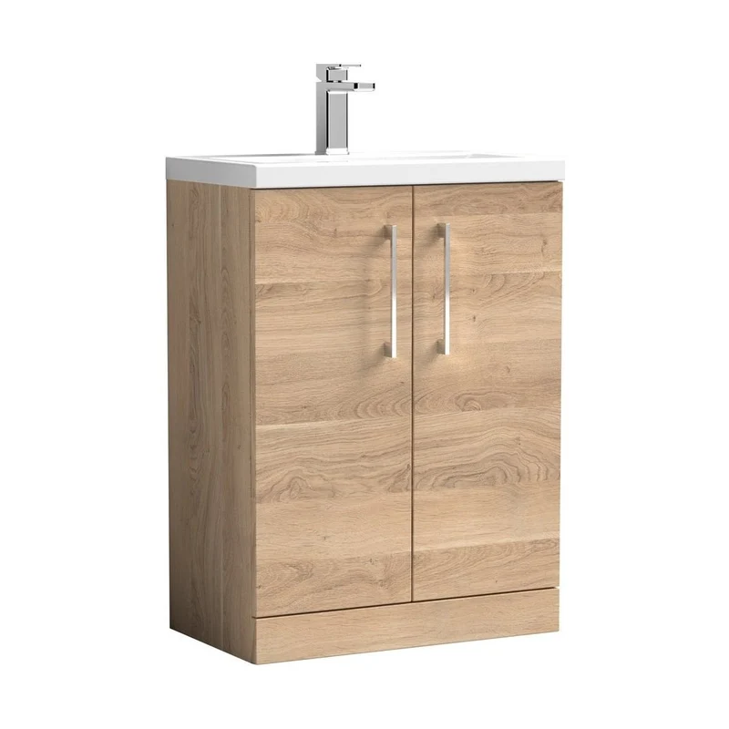Nuie Arno Compact 600mm Floor Standing 2-door Vanity & Polymarble Basin Contemporary Bleached Oak MFC Textured Woodgrain 840x603x353mm