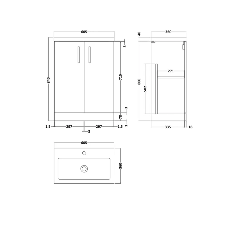 Nuie Arno Compact 600mm Floor Standing 2-door Vanity & Polymarble Basin Contemporary Bleached Oak MFC Textured Woodgrain 840x603x353mm