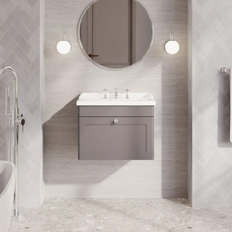 Classique 600mm Wall Hung Vanity Unit With 1 Drawer With Traditional Basin - Satin Grey
