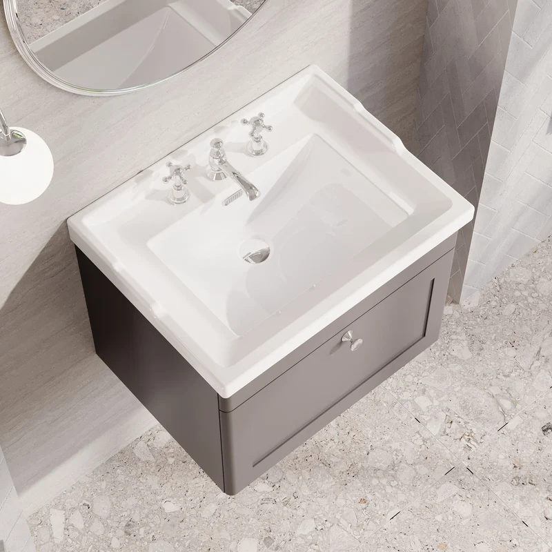 Classique 600mm Wall Hung Vanity Unit With 1 Drawer With Traditional Basin - Satin Grey