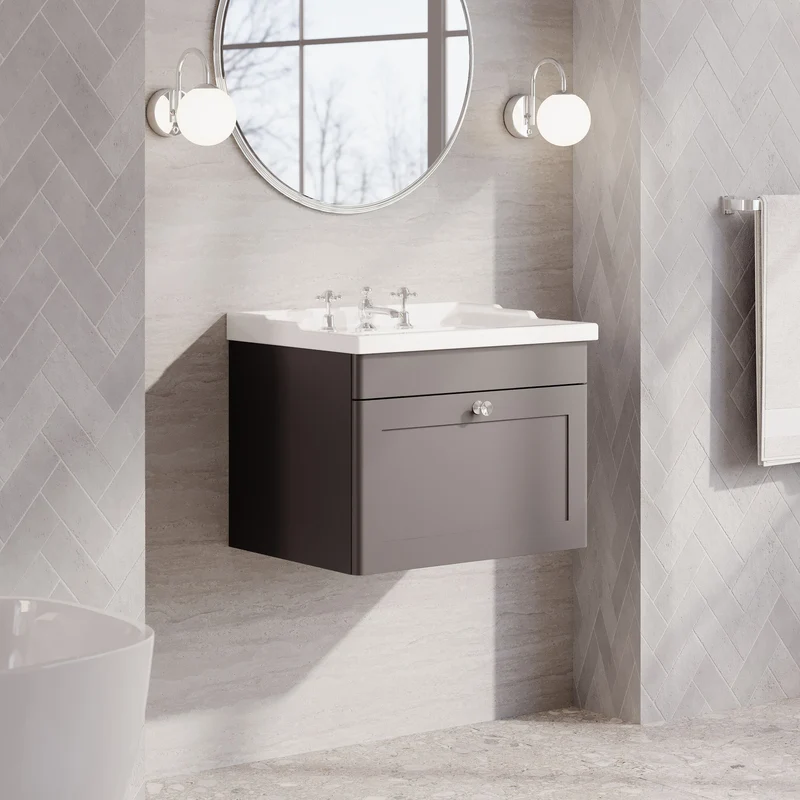 Classique 600mm Wall Hung Vanity Unit With 1 Drawer With Traditional Basin - Satin Grey