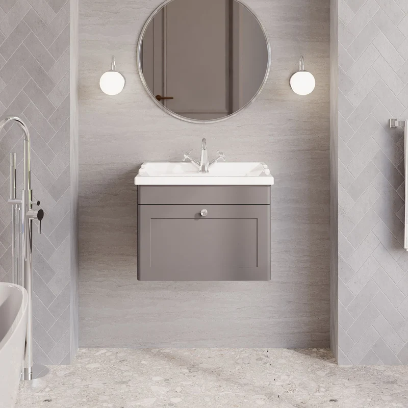 Classique 600mm Wall Hung Vanity Unit With 1 Drawer With Traditional Basin - Satin Grey