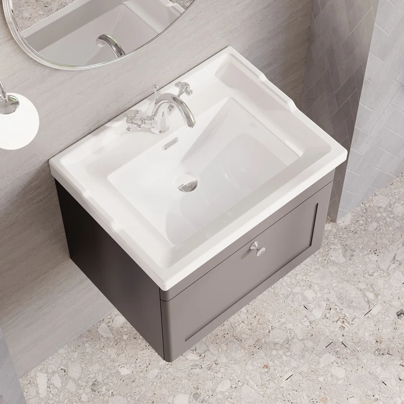 Classique 600mm Wall Hung Vanity Unit With 1 Drawer With Traditional Basin - Satin Grey