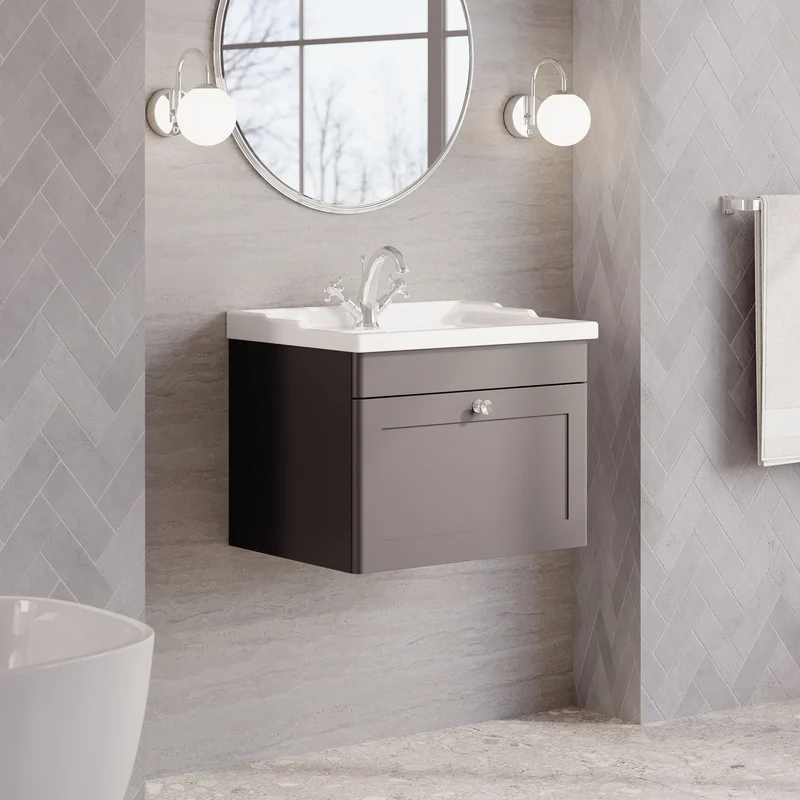 Classique 600mm Wall Hung Vanity Unit With 1 Drawer With Traditional Basin - Satin Grey