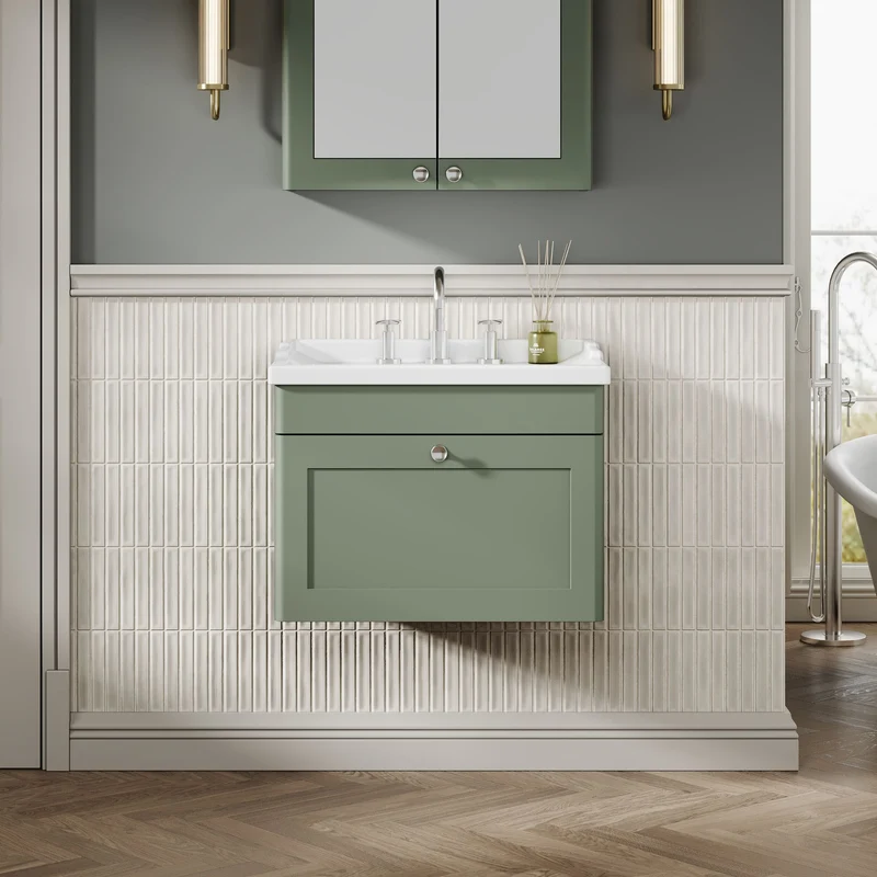 Classique 600mm Wall Hung Vanity Unit With 1 Drawer With Traditional Basin - Satin Green