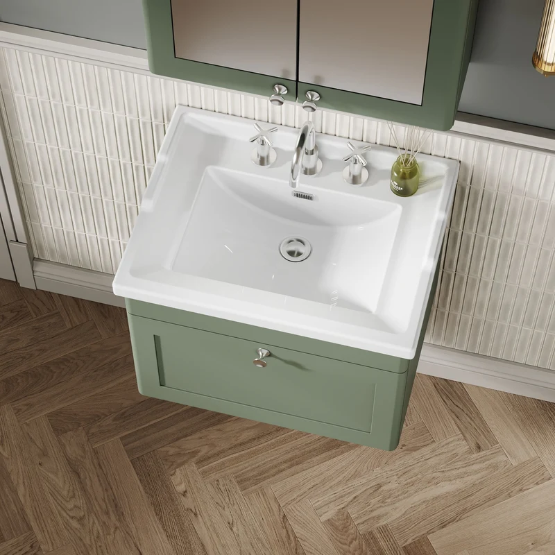 Classique 600mm Wall Hung Vanity Unit With 1 Drawer With Traditional Basin - Satin Green