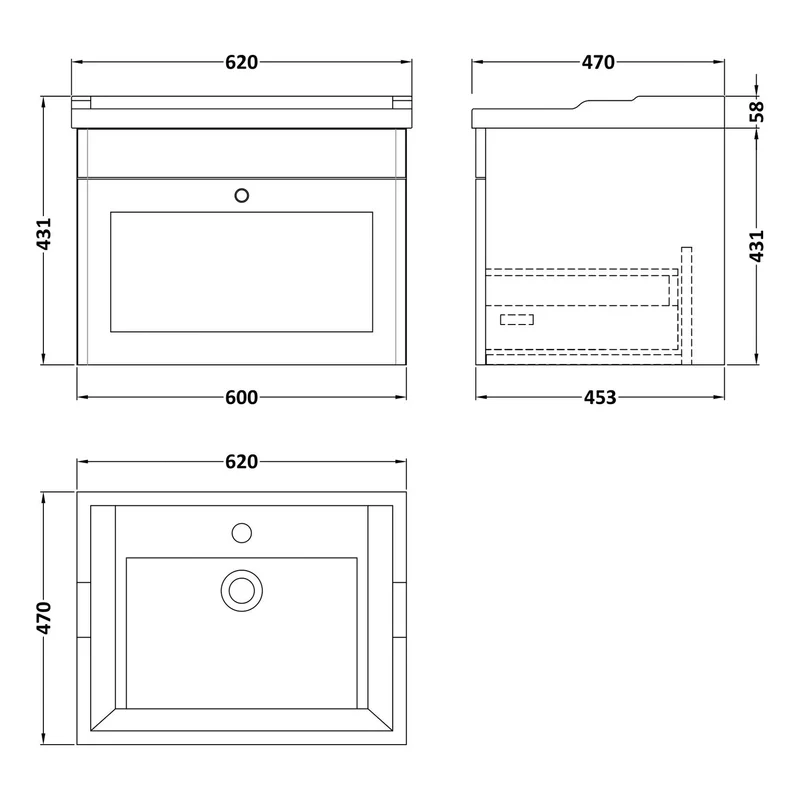 Classique 600mm Wall Hung Vanity Unit With 1 Drawer With Traditional Basin - Satin Green