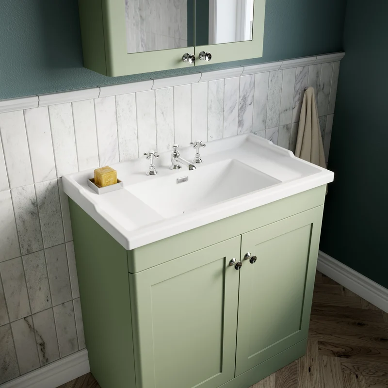 Classique 600mm Wall Hung Vanity Unit With 1 Drawer With Traditional Basin - Satin Green