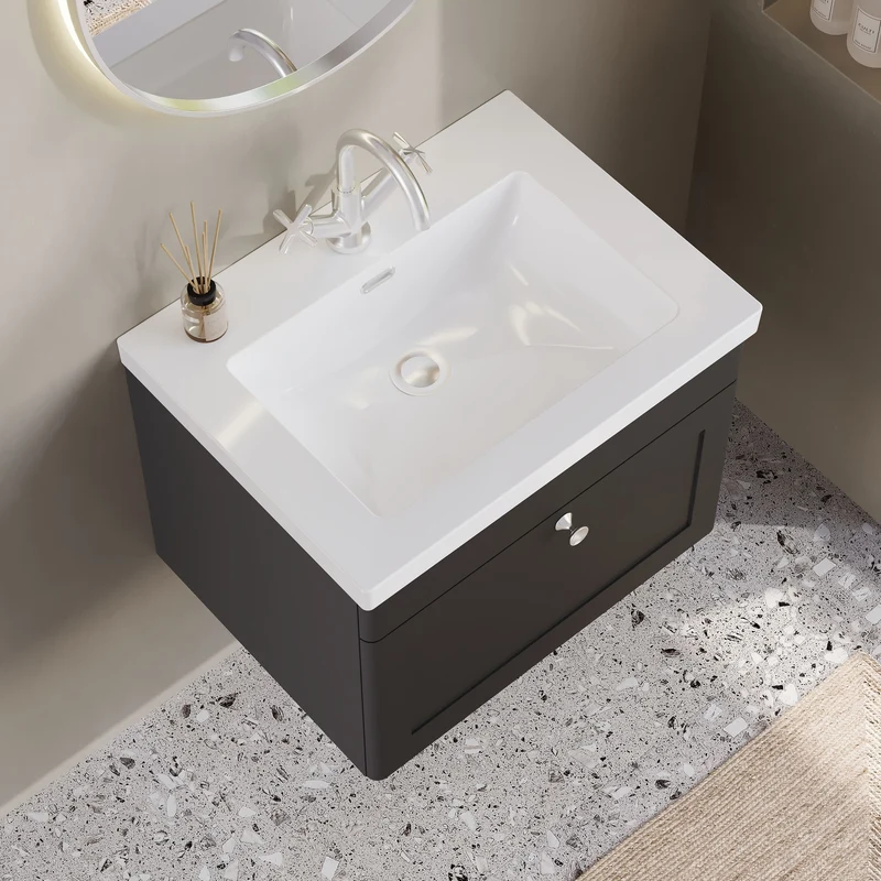 Classique 600mm Wall Hung Vanity Unit With 1 Drawer With Thin Edge Ceramic Basin - Satin Soft Black