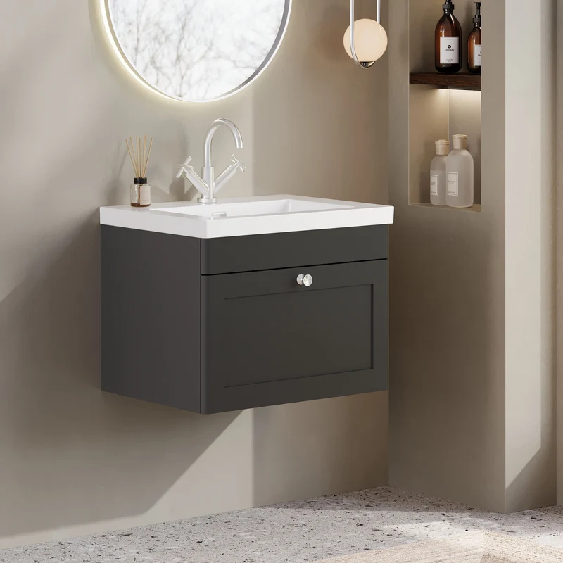 Classique 600mm Wall Hung Vanity Unit With 1 Drawer With Thin Edge Ceramic Basin - Satin Soft Black