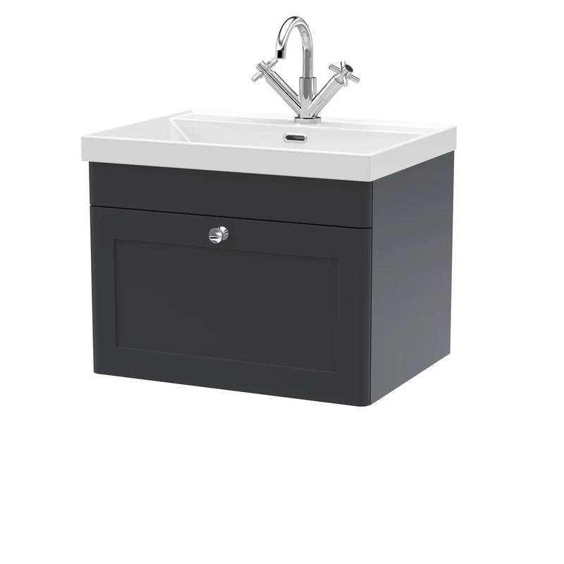 Classique 600mm Wall Hung Vanity Unit With 1 Drawer With Thin Edge Ceramic Basin - Satin Soft Black