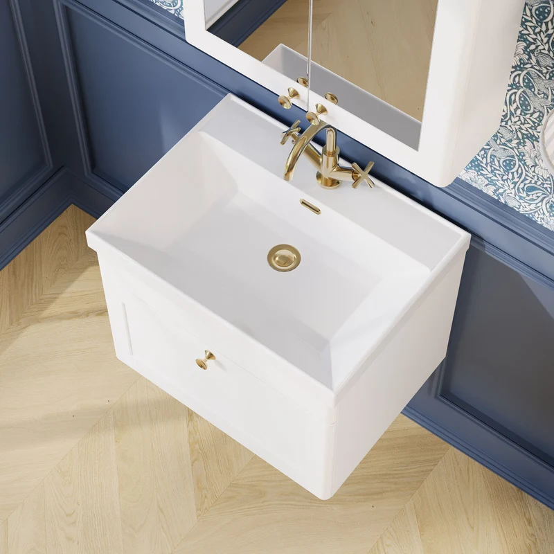 Classique 600mm Wall Hung Vanity Unit With 1 Drawer With Thin Edge Ceramic Basin - Satin White