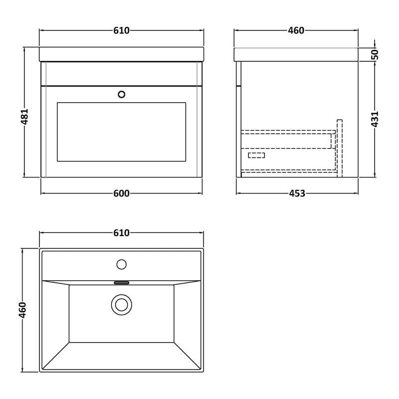 Classique 600mm Wall Hung Vanity Unit With 1 Drawer With Thin Edge Ceramic Basin - Satin White