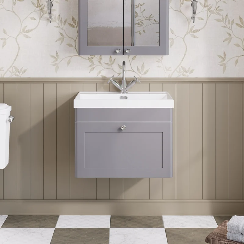Classique 600mm Wall Hung Vanity Unit With 1 Drawer With Thin Edge Ceramic Basin - Satin Grey