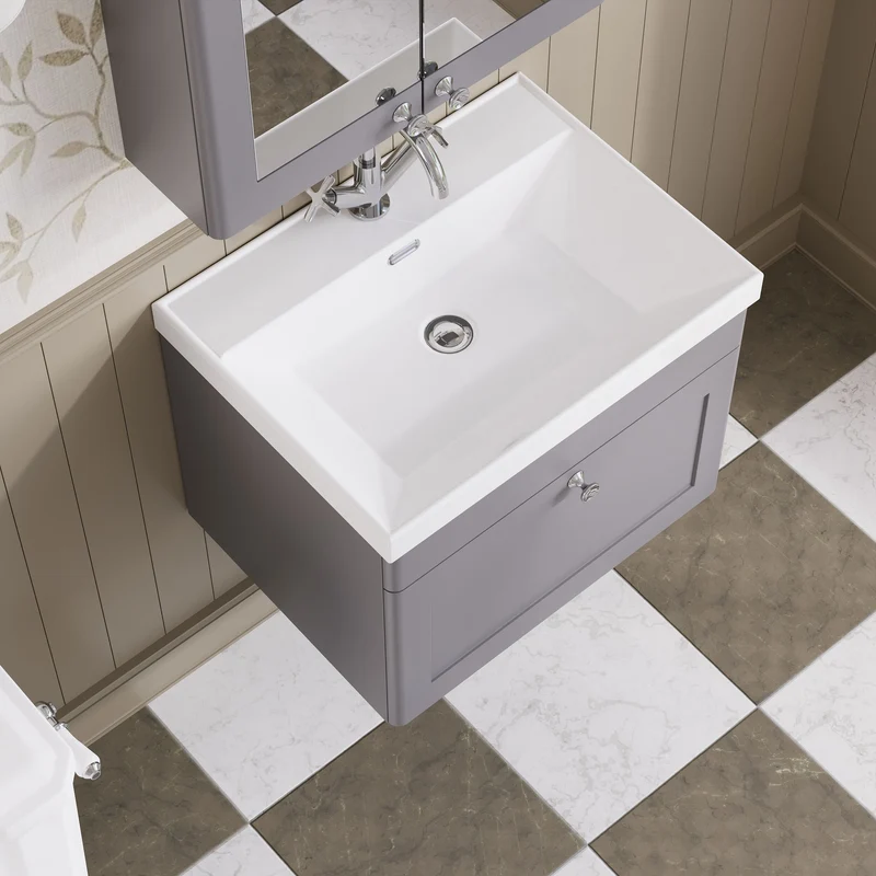 Classique 600mm Wall Hung Vanity Unit With 1 Drawer With Thin Edge Ceramic Basin - Satin Grey