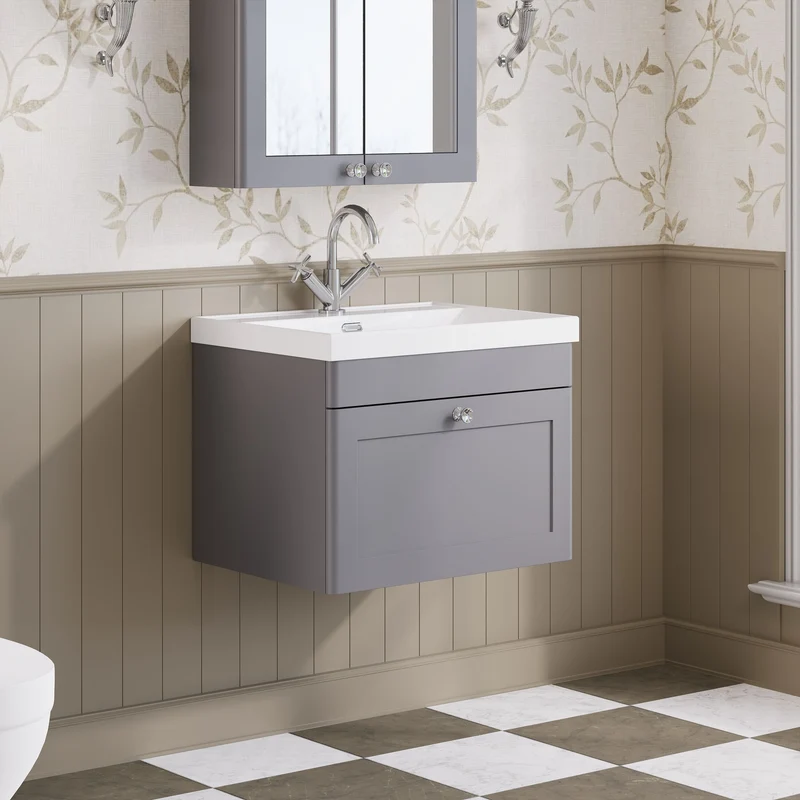 Classique 600mm Wall Hung Vanity Unit With 1 Drawer With Thin Edge Ceramic Basin - Satin Grey