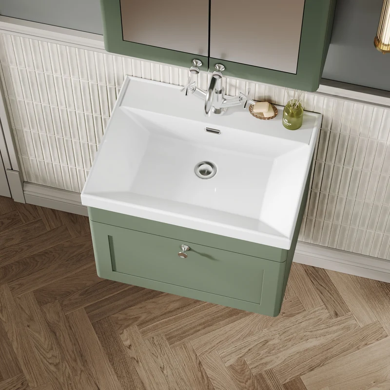 Classique 600mm Wall Hung Vanity Unit With 1 Drawer With Thin Edge Ceramic Basin - Satin Green