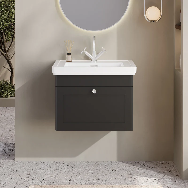 Classique 600mm Wall Hung Vanity Unit With 1 Drawer With Minimalist Ceramic Basin - Satin Soft Black