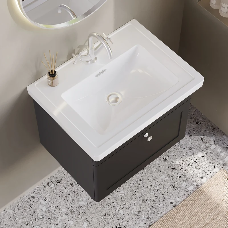 Classique 600mm Wall Hung Vanity Unit With 1 Drawer With Minimalist Ceramic Basin - Satin Soft Black