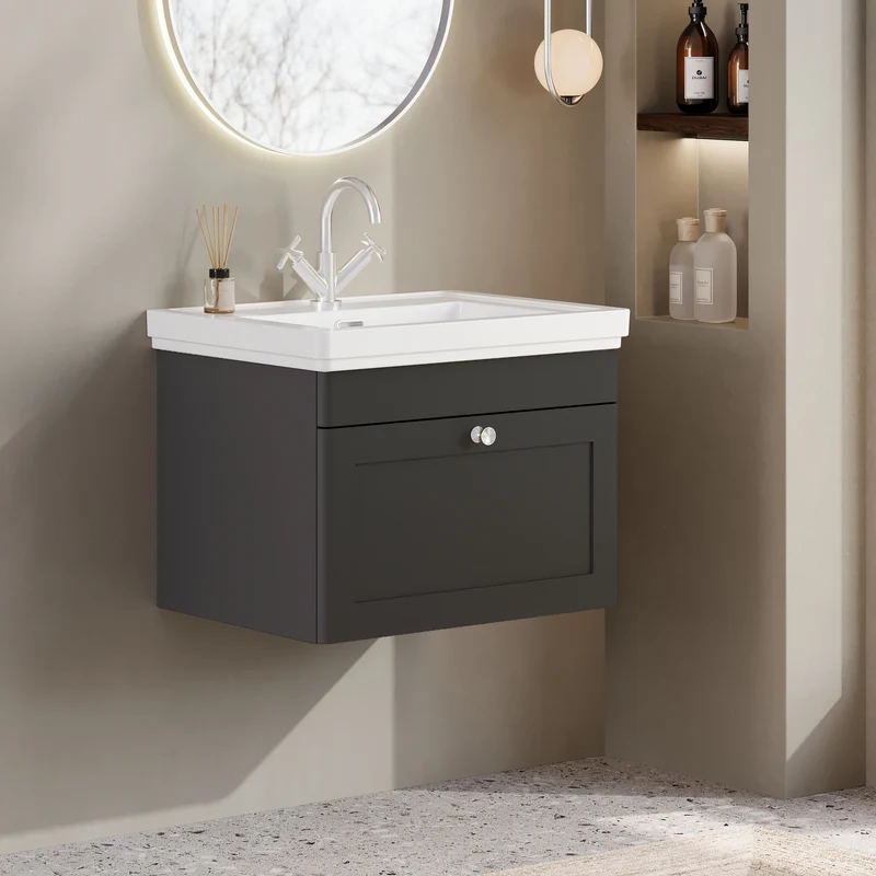 Classique 600mm Wall Hung Vanity Unit With 1 Drawer With Minimalist Ceramic Basin - Satin Soft Black