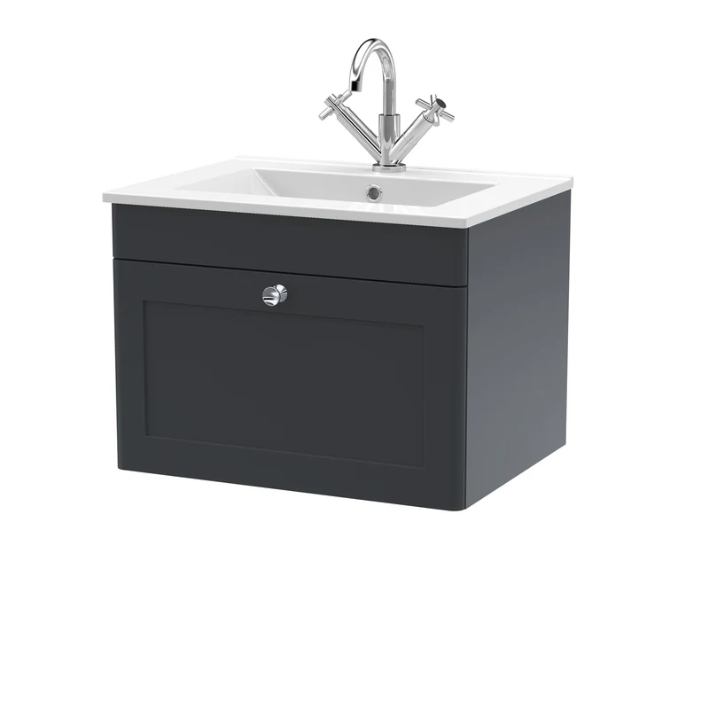 Classique 600mm Wall Hung Vanity Unit With 1 Drawer With Minimalist Ceramic Basin - Satin Soft Black