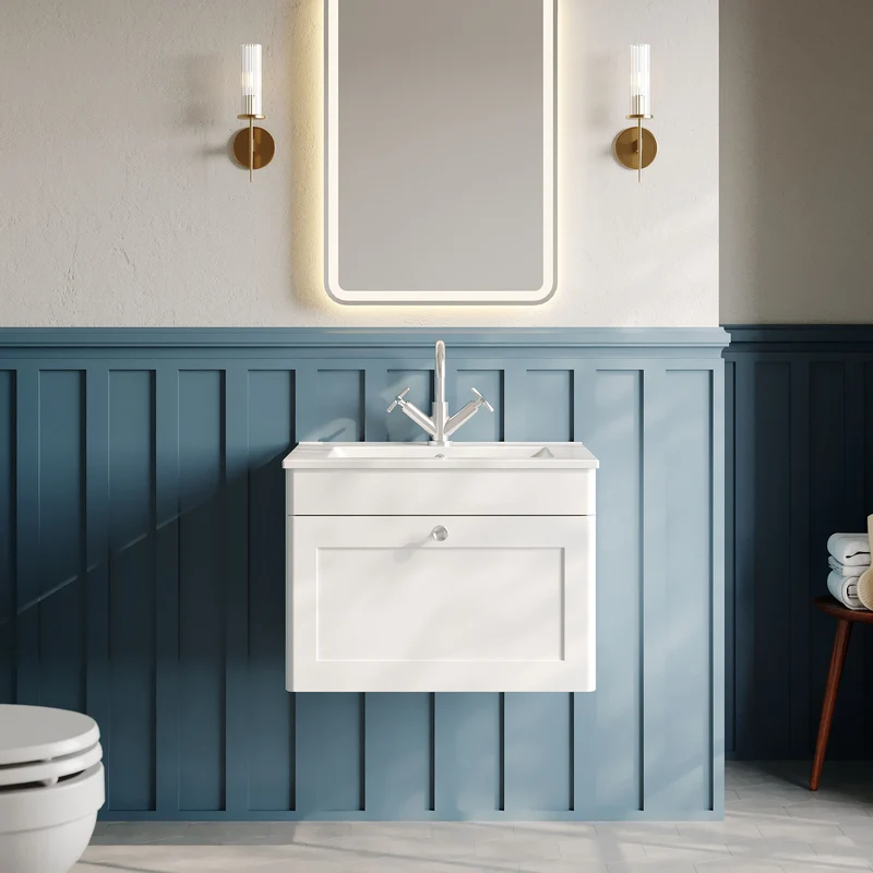 Classique 600mm Wall Hung Vanity Unit With 1 Drawer With Minimalist Ceramic Basin - Satin White