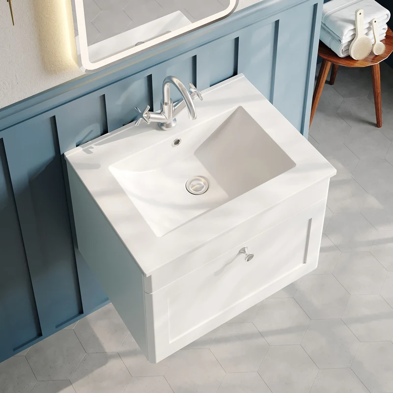 Classique 600mm Wall Hung Vanity Unit With 1 Drawer With Minimalist Ceramic Basin - Satin White