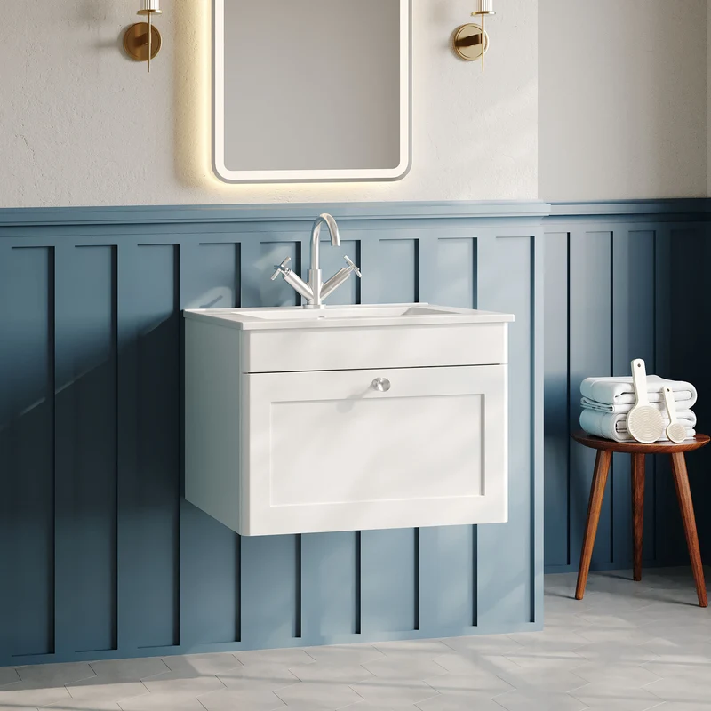 Classique 600mm Wall Hung Vanity Unit With 1 Drawer With Minimalist Ceramic Basin - Satin White