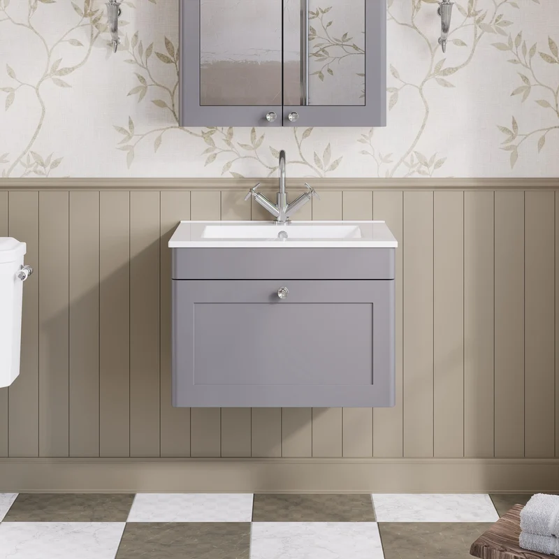 Classique 600mm Wall Hung Vanity Unit With 1 Drawer With Minimalist Ceramic Basin - Satin Grey