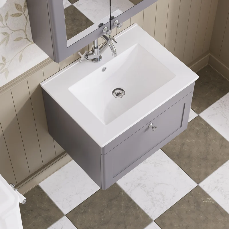Classique 600mm Wall Hung Vanity Unit With 1 Drawer With Minimalist Ceramic Basin - Satin Grey