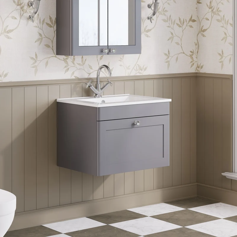 Classique 600mm Wall Hung Vanity Unit With 1 Drawer With Minimalist Ceramic Basin - Satin Grey