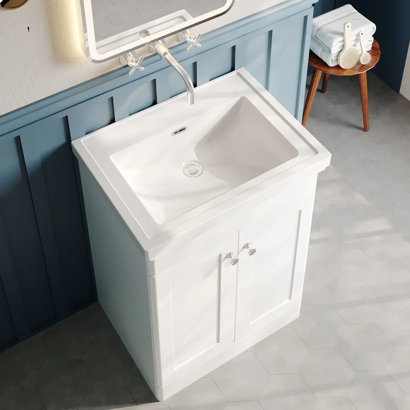 Classique 600mm Floor Standing Vanity Unit With 2 Doors With Fireclay Basin - Satin White