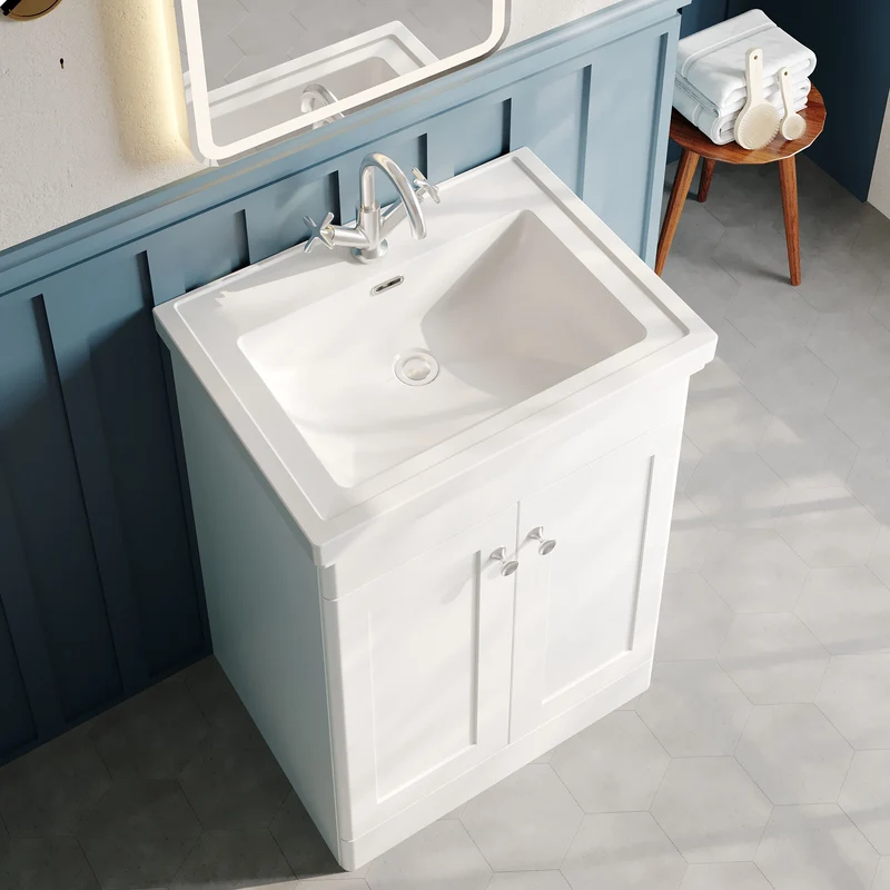 Classique 600mm Floor Standing Vanity Unit With 2 Doors With Fireclay Basin - Satin White