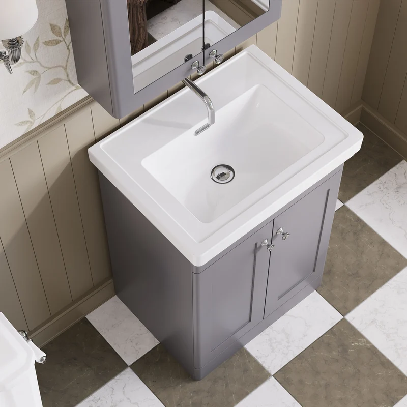 Classique 600mm Floor Standing Vanity Unit With 2 Doors With Fireclay Basin - Satin Grey