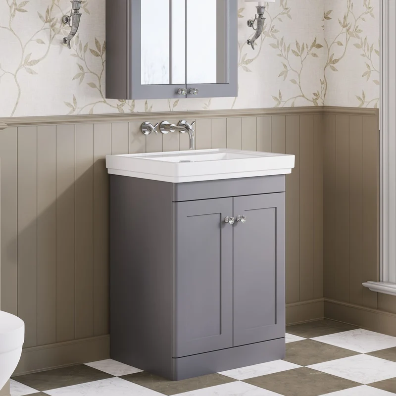 Classique 600mm Floor Standing Vanity Unit With 2 Doors With Fireclay Basin - Satin Grey