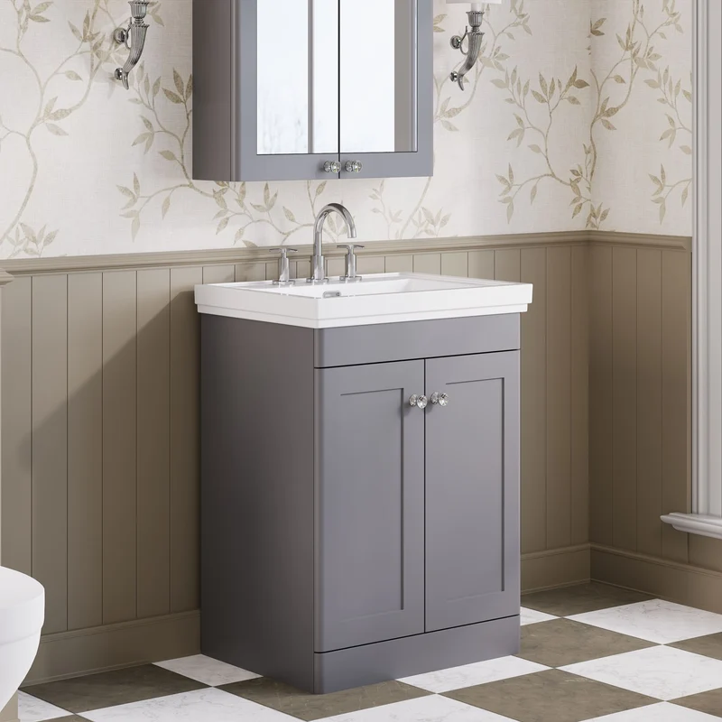 Classique 600mm Floor Standing Vanity Unit With 2 Doors With Fireclay Basin - Satin Grey