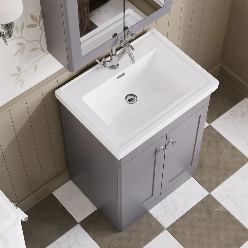 Classique 600mm Floor Standing Vanity Unit With 2 Doors With Fireclay Basin - Satin Grey
