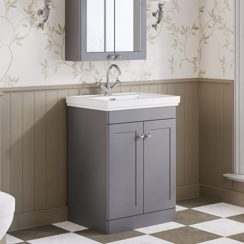 Classique 600mm Floor Standing Vanity Unit With 2 Doors With Fireclay Basin - Satin Grey