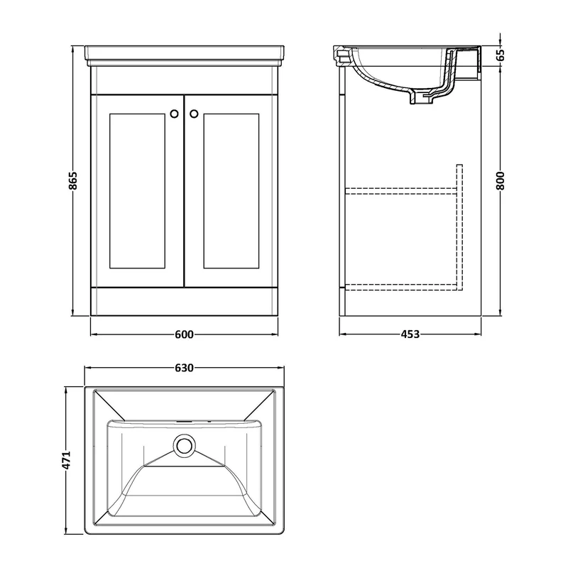 Classique 600mm Floor Standing Vanity Unit With 2 Doors With Fireclay Basin - Satin Grey