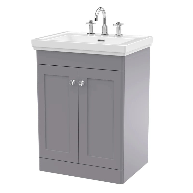 Classique 600mm Floor Standing Vanity Unit With 2 Doors With Fireclay Basin - Satin Grey