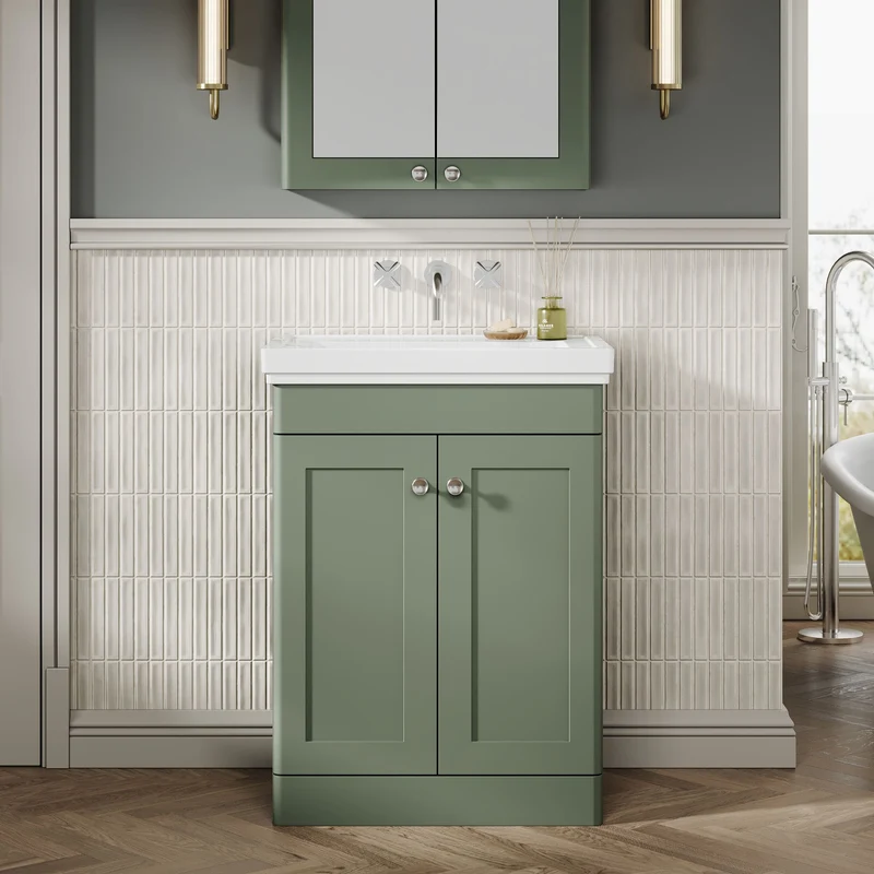 Classique 600mm Floor Standing Vanity Unit With 2 Doors With Fireclay Basin - Satin Green