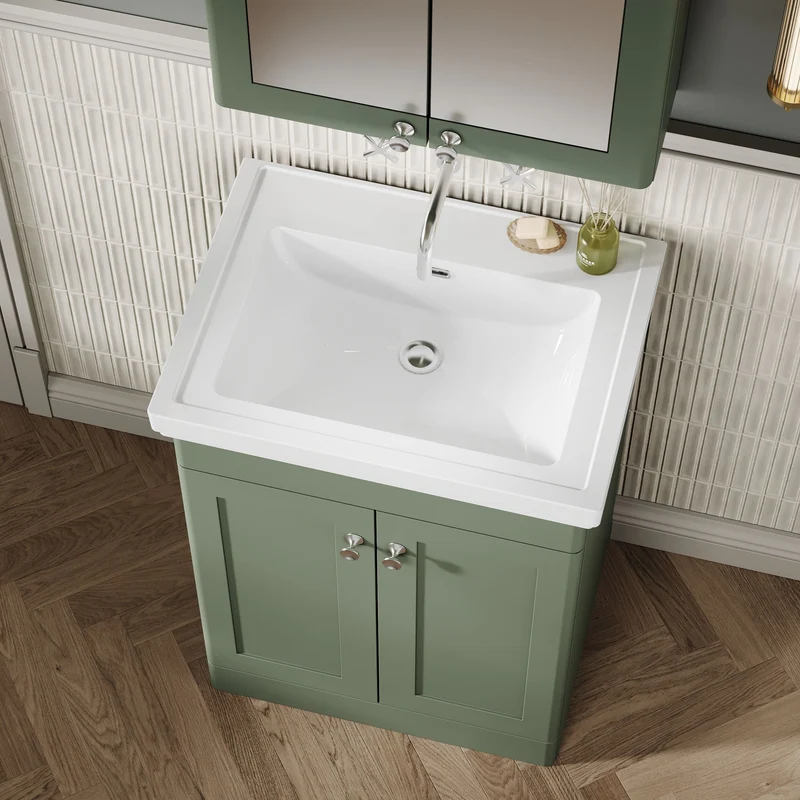 Classique 600mm Floor Standing Vanity Unit With 2 Doors With Fireclay Basin - Satin Green
