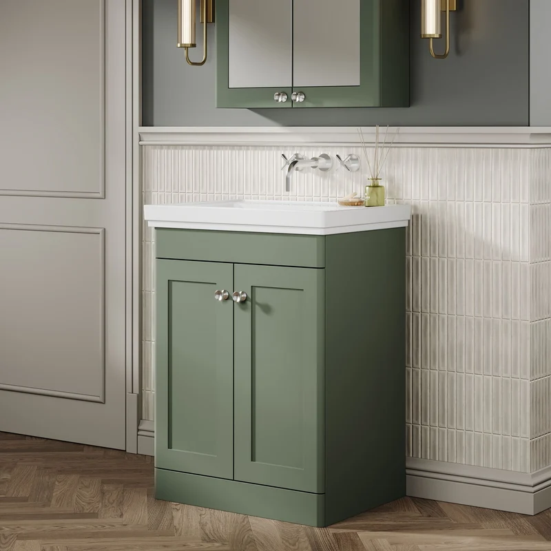 Classique 600mm Floor Standing Vanity Unit With 2 Doors With Fireclay Basin - Satin Green