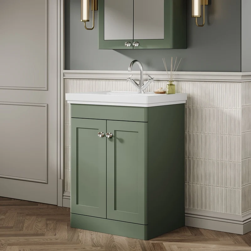 Classique 600mm Floor Standing Vanity Unit With 2 Doors With Fireclay Basin - Satin Green