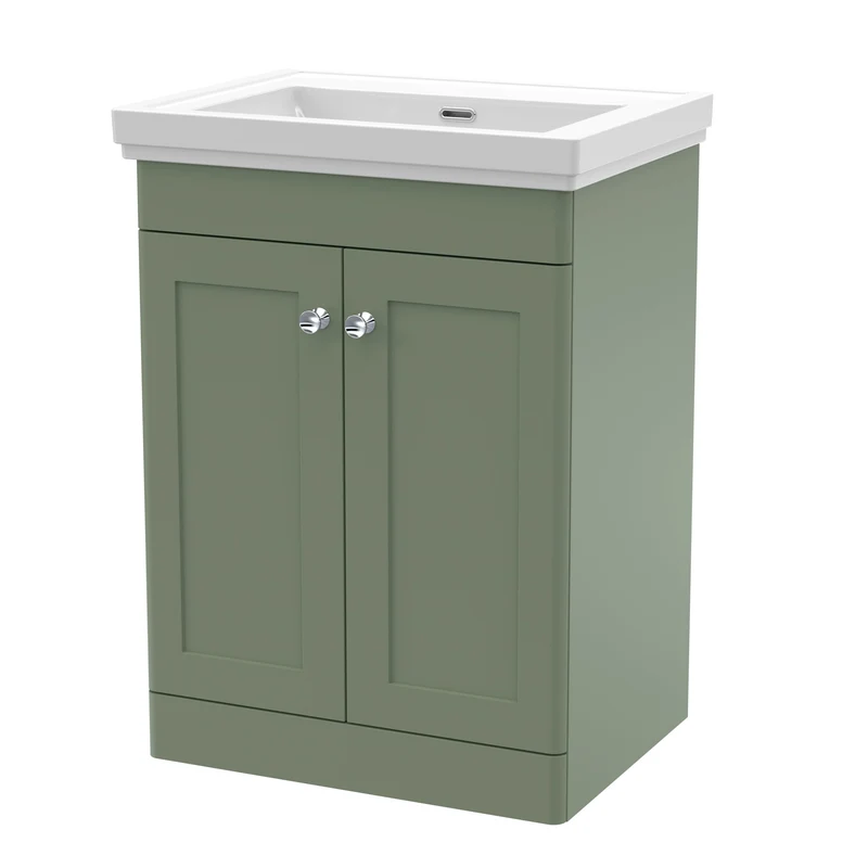 Classique 600mm Floor Standing Vanity Unit With 2 Doors With Fireclay Basin - Satin Green