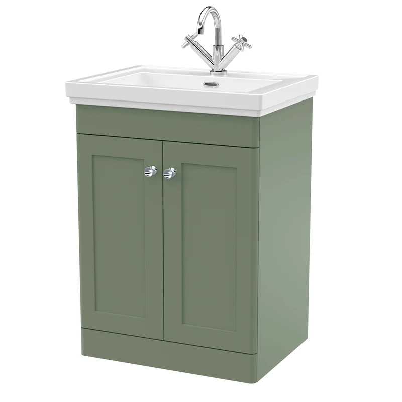 Classique 600mm Floor Standing Vanity Unit With 2 Doors With Fireclay Basin - Satin Green