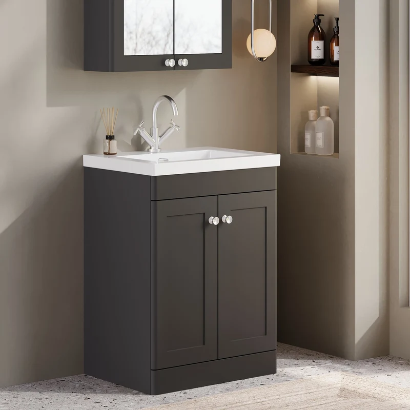 Classique 600mm Floor Standing Vanity Unit With 2 Doors With Contemporary Basin - Satin Soft Black