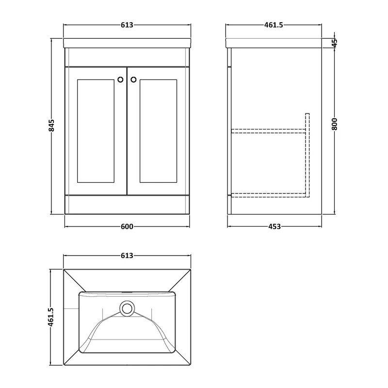 Classique 600mm Floor Standing Vanity Unit With 2 Doors With Contemporary Basin - Satin Soft Black