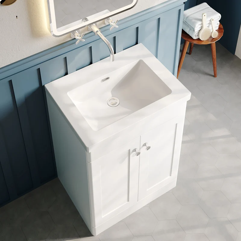 Classique 600mm Floor Standing Vanity Unit With 2 Doors With Contemporary Basin - Satin White